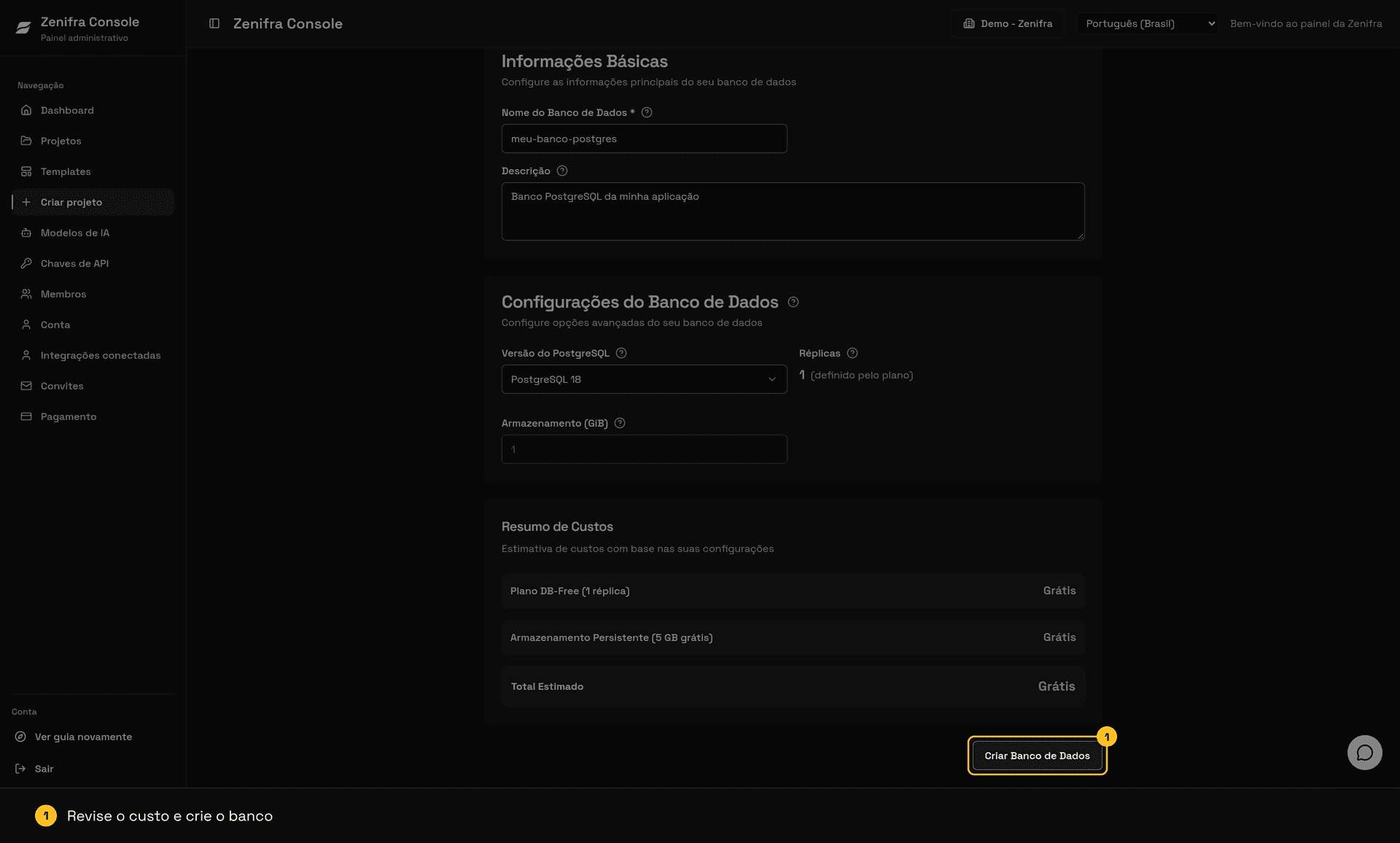 Resumo de Custos do DB-Free e botão Criar Banco de Dados destacado