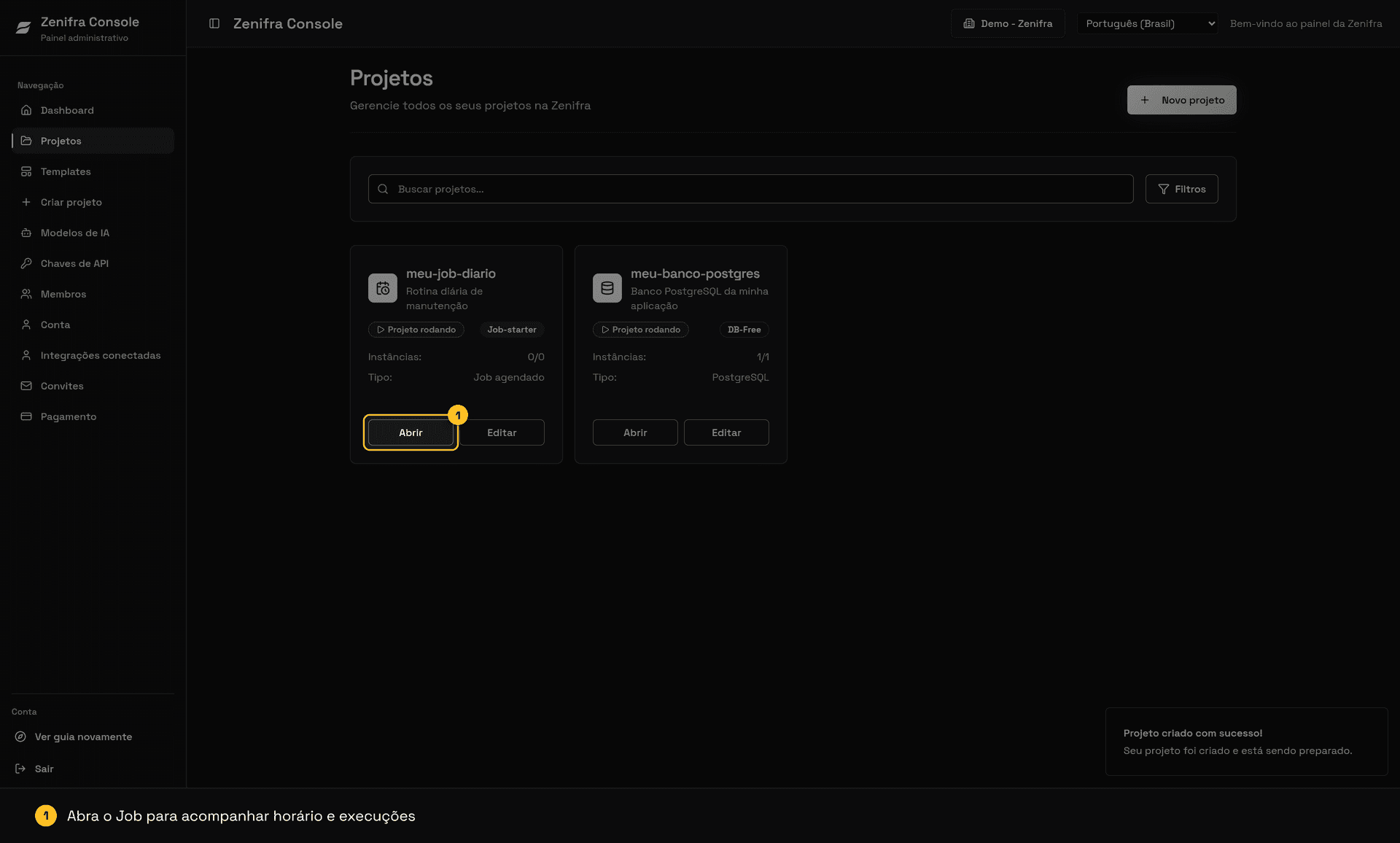 Lista de projetos com o Job e o botão Abrir destacado