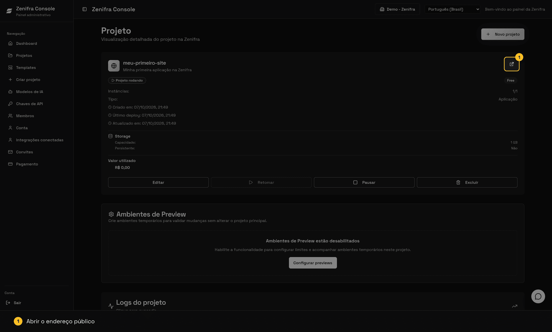 Página do projeto com status, plano, instâncias, datas, storage, valor utilizado e as ações Editar, Pausar e Excluir
