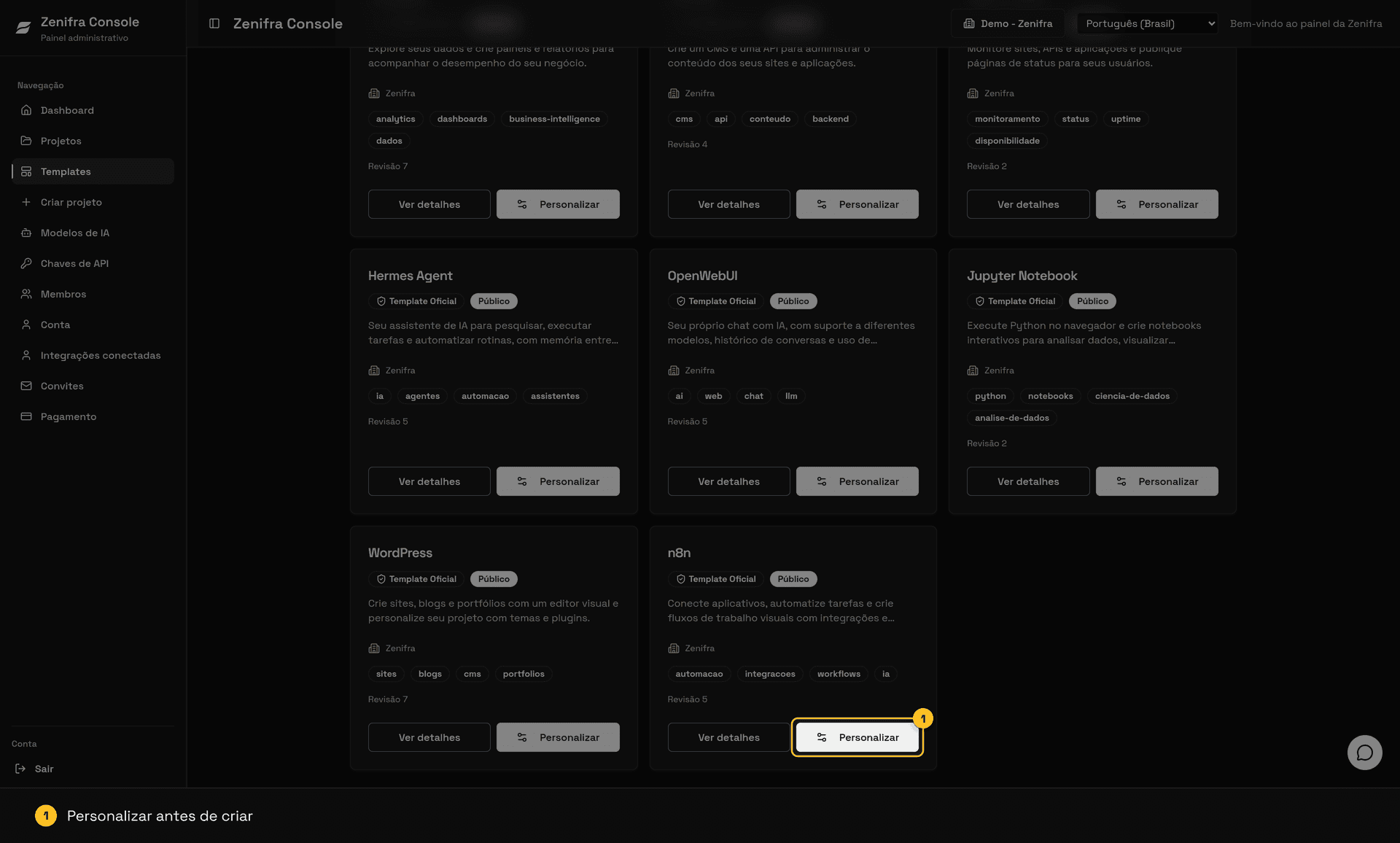 Catálogo de Templates públicos com o botão Personalizar do n8n destacado